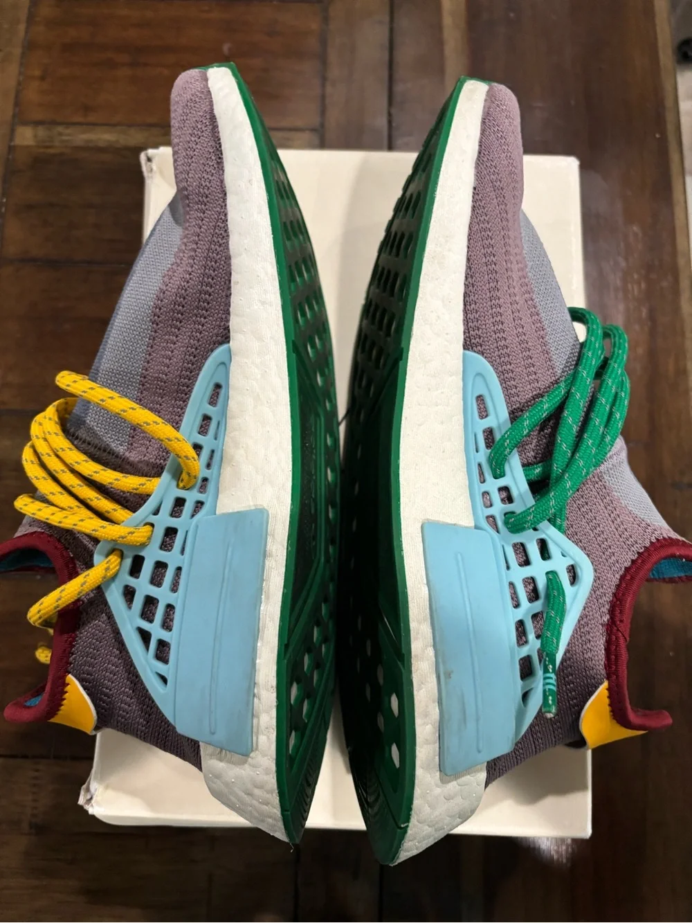 adidas Mens Purple Knit Sneakers with Green and Yellow Laces